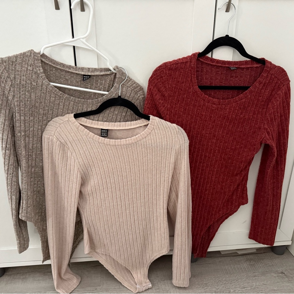 BUNDLE Ribbed Knit Bodysuit Trio - Red, Beige, and Tan